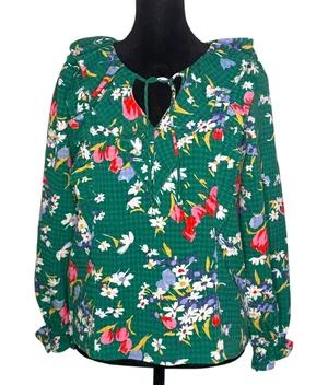 LOFT Green Floral Blouse Ruffle Tie Neck‎ Size XXSP Fairy Cottage Feminine thumbnail 1