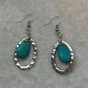 Turquoise and Silver Oval Drop Earrings thumbnail 1