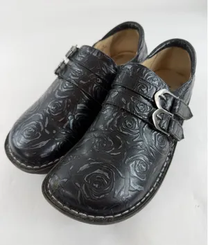 Alegria by PG Lite Black Rose Embossed Leather Clogs Monk Strap ALL-571 Size 40 thumbnail 1