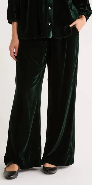Marine Layer Bella Velvet Pants Slouchy Wide Leg Women Medium Green Drawstring thumbnail 1