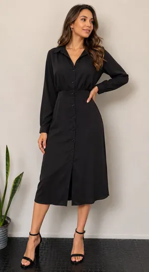 Navy Blue‎ Button Front Midi Shirt Dress – Size M Longe Sleeves thumbnail 1