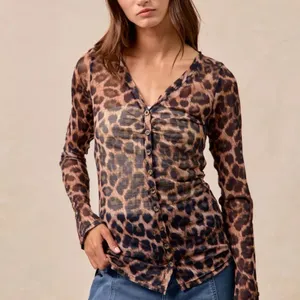 BiBi Leopard Printed Mesh‎ Shirt With Button Up V Neck Size XL thumbnail 7