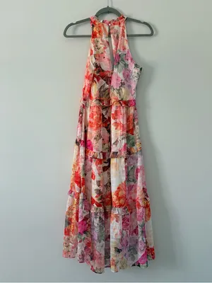 Vince Camuto Pink White Sleeveless Floral Chiffon Ruffle Tiered Midi Dress 6 thumbnail 2