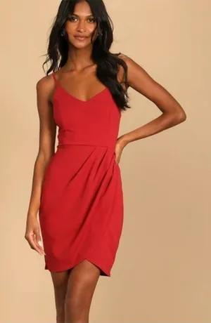 Lulu's forever your girl‎ rust red mini drape faux wrap dress large thumbnail 1