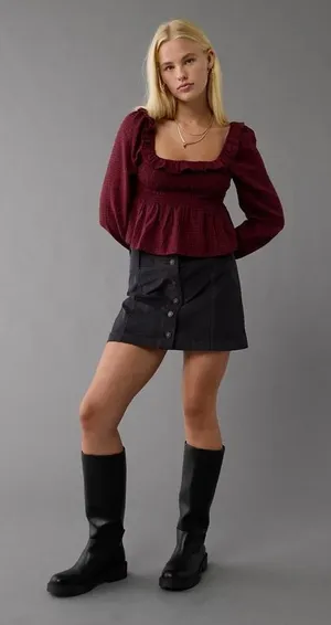 New American Eagle Long-Sleeve‎ Smocked Ruffle Plaid Top Red Gingham Women Small thumbnail 1