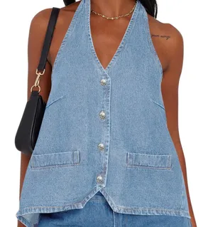 NWT Women’s‎ Denim Halter Open Back Vest Top thumbnail 1