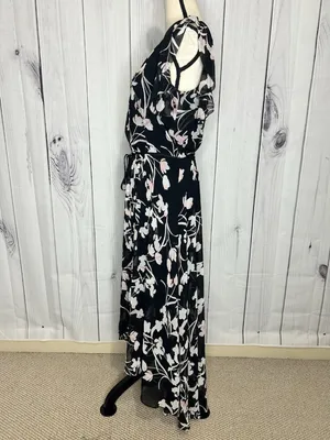 White House | Black Market Sz 8 Chiffon Black Garden Floral Elastic Waist Midi Dress Keyhole Neckline thumbnail 5