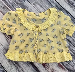 American Eagle Yellow Floral Ruffle Lace-Trim Women's Top thumbnail 1