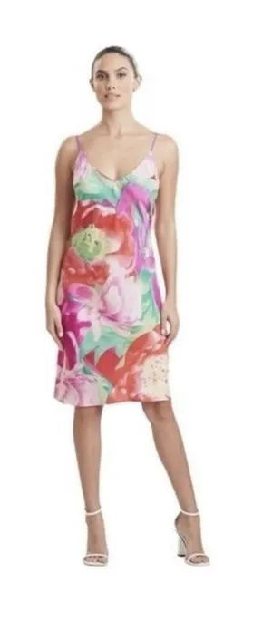 Natori Womens Sz M Botanic Print Satin Midi Slip Dress Chemise Floral Pink thumbnail 1