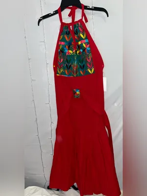 Red Embroidered Boho Maxi Dress with Multicolor Floral Yoke thumbnail 2