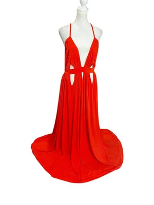 House of CB Ischia Orange Cutout Plunge Backless Maxi Dress M Goddess Resort thumbnail 2