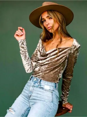 Free People Velvet Long-Sleeve Drape Neck Top - Taupe size Small thumbnail 3