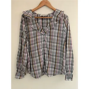 LOFT Multicolor Plaid Ruffle Collar V-Neck Button-Up Long Sleeve Top Preppy M thumbnail 2