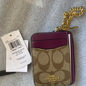 Coach Khaki Signature Canvas Deep Berry Zip Card Case thumbnail 1