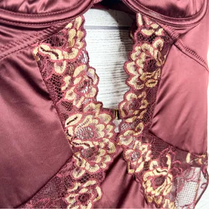 Frederick’s of Hollywood Burgundy Satin & Gold Lace Bustier w/ Garter Straps thumbnail 4