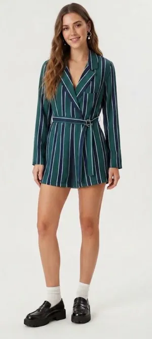 Rules of Etiquette Green & Navy Striped Blazer Romper Size Small NWT thumbnail 1