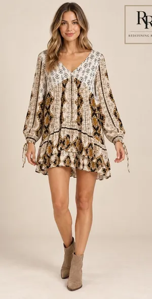 Free People Mixed Print V-Neck Tunic Mini Dress Brown Cream Mustard Size M thumbnail 1