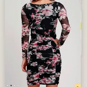 Lulus Ayana Black Pink Floral Ruched Mesh‎ Bodycon Dress SMALL thumbnail 4