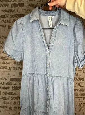 Grace + Karma | women denim button down dress puff sleeves thumbnail 1