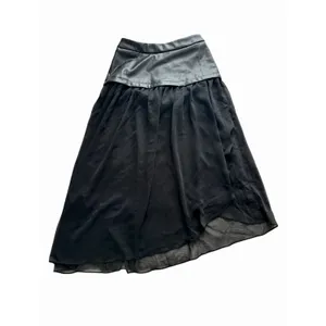 A New Day NWT Mixed Fabric A-Line‎ Skirt Size XS Black Faux Leather Chiffon Midi thumbnail 2