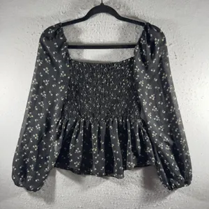 3230 | Ditsy Floral Smocked Peplum Blouse Black Cottagecore Coquette Women S thumbnail 6