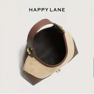 Happy Lane Two-Tone Hobo Shoulder Bag Suede Brown Beige Gold Hardware NIP thumbnail 5