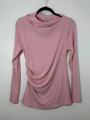 LOFT Womens Large Ribbed Side-Ruched Long Sleeve Knit Top Pink Super Soft Fitted thumbnail 1