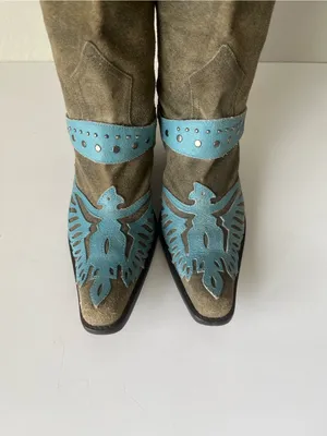 MIA Vintage 90s Suede Leather Firebird Western Cowgirl Boots Tan Blue Size 6 thumbnail 5