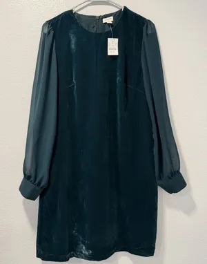 J. Crew Factory‎ Size-8 Green Velvet Mini Shift Dress Sheer Sleeves Mod Party thumbnail 1