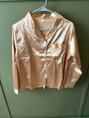 Tan Satin Button Front Pajama Set Gold Size L thumbnail 2