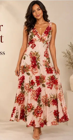 Paper Heart Maxi Dress Womens XL Multicolor Rose Floral Linen Blend V Neck thumbnail 1