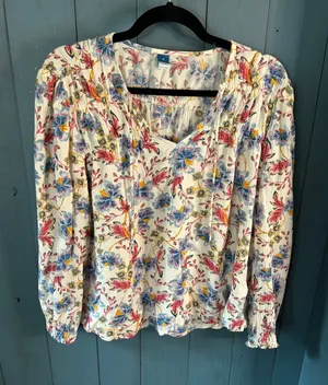 Old Navy White Floral V-Neck Blouse with Blue & Pink Blooms | Size Medium thumbnail 1