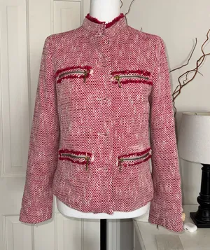 Zara Pink Tweed Fringe Blazer Jacket Size Medium thumbnail 1