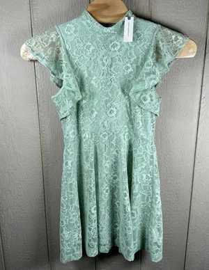 Anthropologie MAEVE Lace Mini Dress Medium Light Green Mock Neck Flutter Sleeve thumbnail 1
