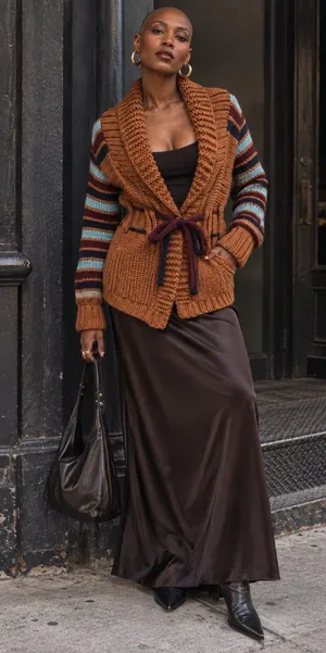 Vintage X-RATED Handknit Statement Cardigan Striped Sleeves Belted M thumbnail 1