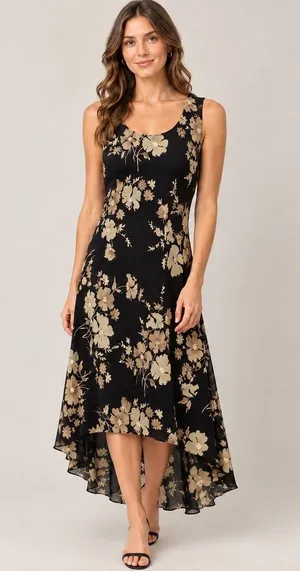 Black Sleeveless Floral Midi Dress 8 M Hi Low Whimsigoth Boho Cottagecore Black thumbnail 1