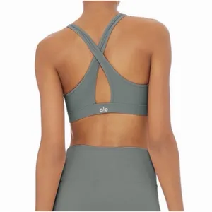 Alo‎ Yoga Warrior Ripped Sports Bra Gray Cross Back Strappy Size S Yoga Gym Chic thumbnail 2