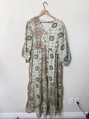 NWT‎ Soft Surroundings Zia Maxi Dress Womens XL Balloon Sleeve Medallion Tassel thumbnail 2
