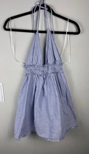 ZARA Blue Striped Halter Mini Dress XS | Blogger Favorite Smocked Waist Seersuck thumbnail 1