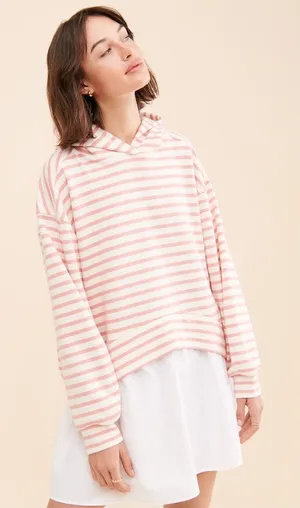 Anthropologie Pilcro Hooded Sweatshirt Twofer Mini Dress Large‎ Pink Stripe thumbnail 1