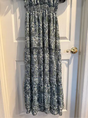 Max Studio Blue Floral V-Neck Smocked Maxi Dress thumbnail 6