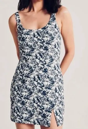 Abercrombie & Fitch Satin Sculpt Floral Sleeveless Slip Mini Dress Blue Small thumbnail 1