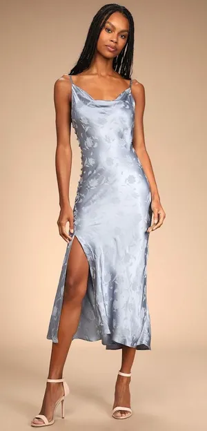 NWT Lulus All About You Slate Blue Floral Jacquard Satin Midi Dress Banquet XL thumbnail 1