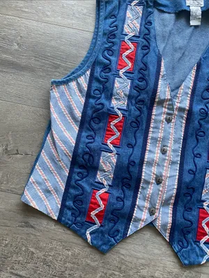 Vintage Koret Denim Vest Womens Sz Medium Blue Button Down Patterned thumbnail 4