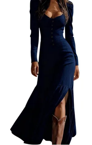NEW Blue Western Cowgirl Long Sleeve Deep V Neck Boho Vintage Maxi Dress S thumbnail 1