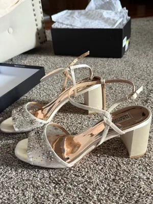 Badgley Mischka Ivory Satin Block Jewel Heel Sandals thumbnail 3