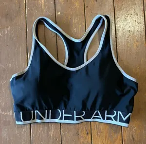 Under Armour Mid-Impact Sports Bra w/Cups Black/White Spellout Band thumbnail 1
