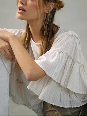 Anthropologie Pilcro Womens Sybil Ruffle Sleeve Blouse Cream Xs thumbnail 1