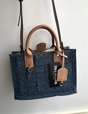 True Religion Blue Denim Bag with Tan Accents thumbnail 1