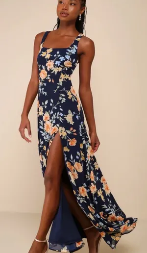 Lulu's Navy Floral Square-Neck Maxi Dress with Thigh Slit thumbnail 1